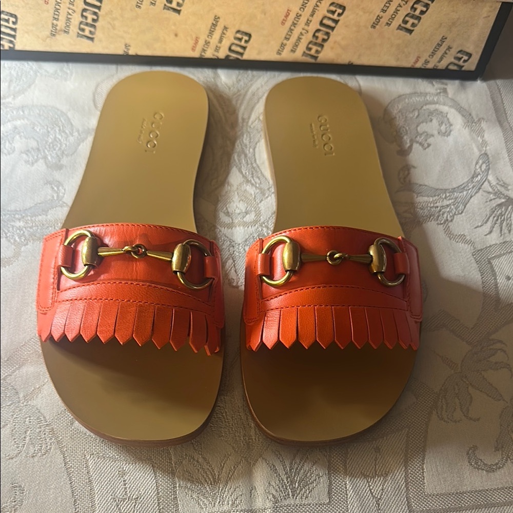 Gucci Women's Orange Leather Sandals with Gold Accents